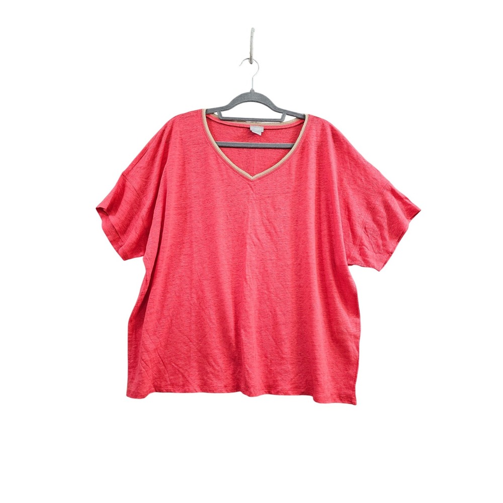 Chico's V-Neck Top Women XXL 4 Coral Pink 100% Linen Gold Metallic Trim Boxy Tee